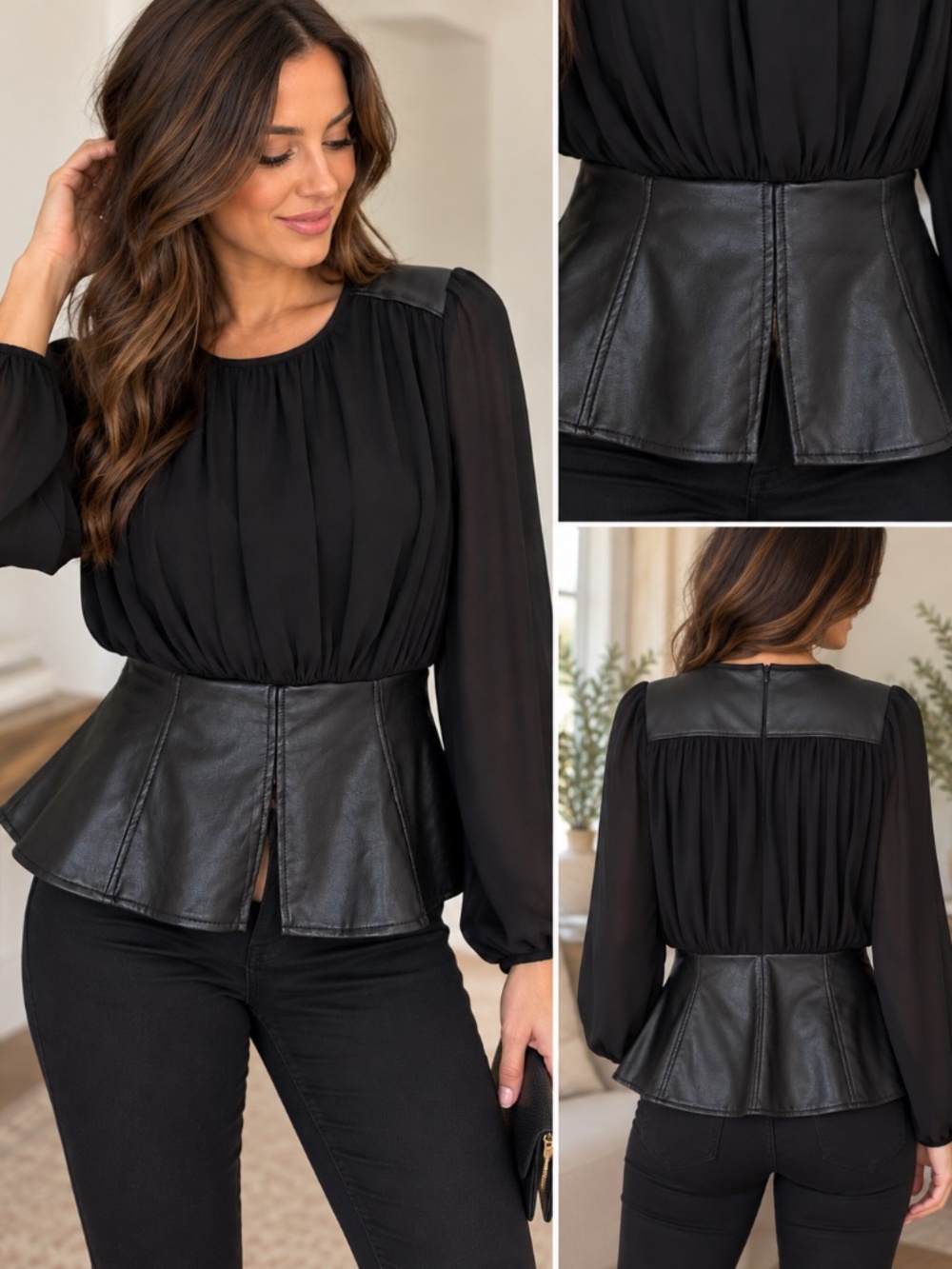 Joseph Ribkoff Size 8 Black Faux Leather Chiffon Peplum Blouse